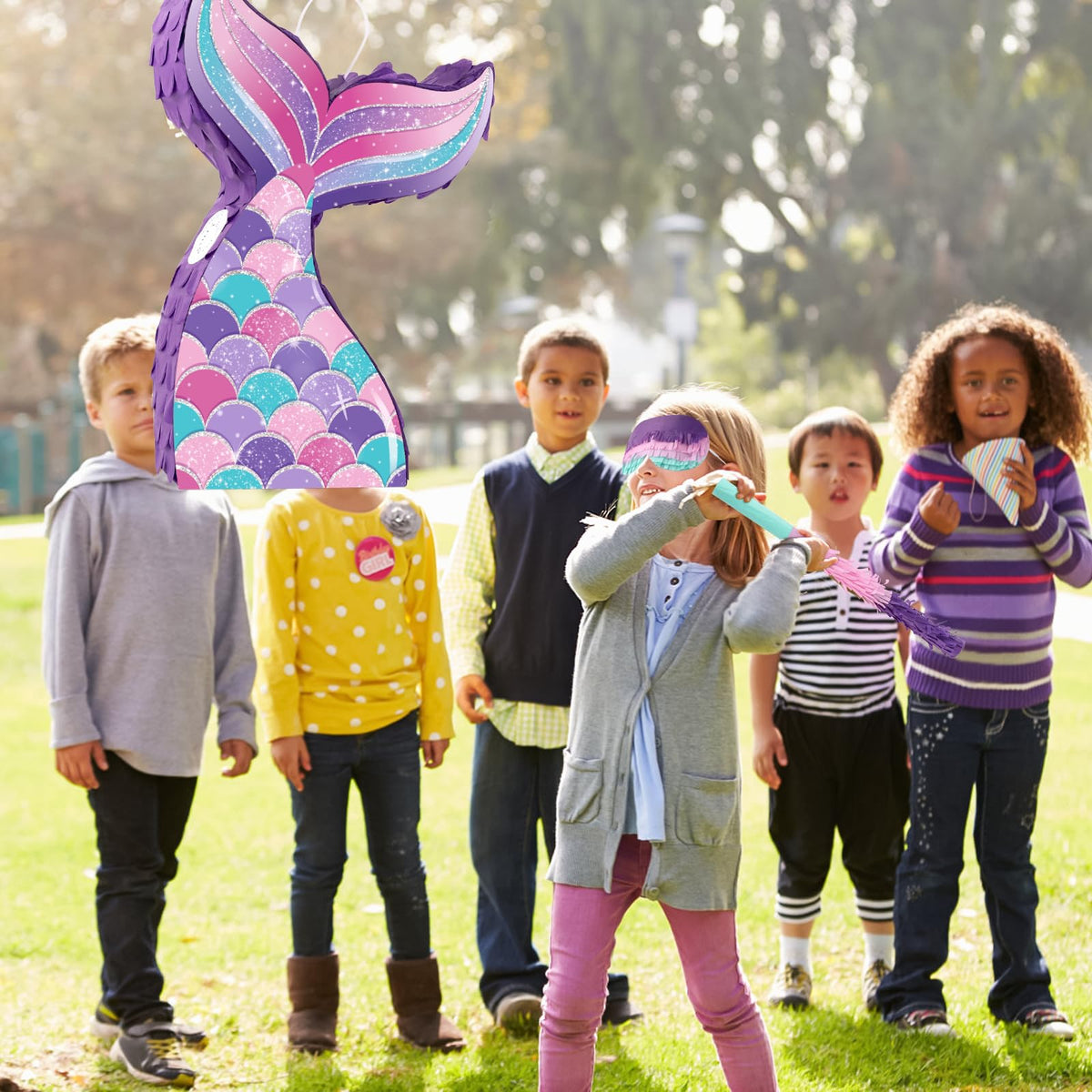 Lemicin Mermaid Tail Pinata sized 15-3 by 9-8 inches for tall party presence.
