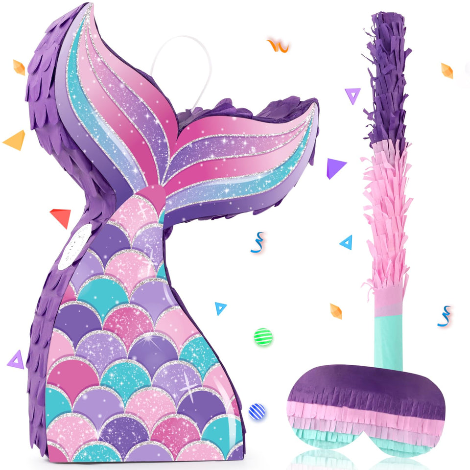 Lemicin Mermaid Tail Pinata with glitter exterior for a dazzling under-the-sea party centerpiece.