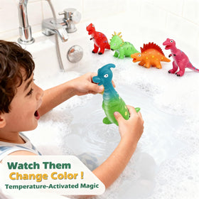 Lemofix color-changing dino toy showing warm-water color shift for interactive play.