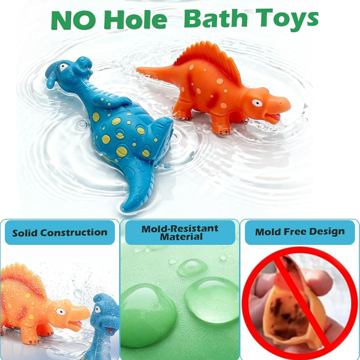 Lemofix mold-free design on a dinosaur bath toy for hygienic baths between uses.