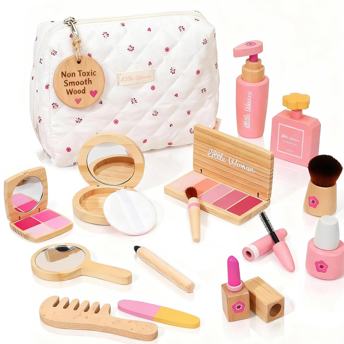 Lemofix wooden makeup kit in a bag for pretend play and fine motor development