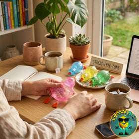 Lemoneon 4pcs Glitter Duck Squishy set ideal for desk decor and gifts.