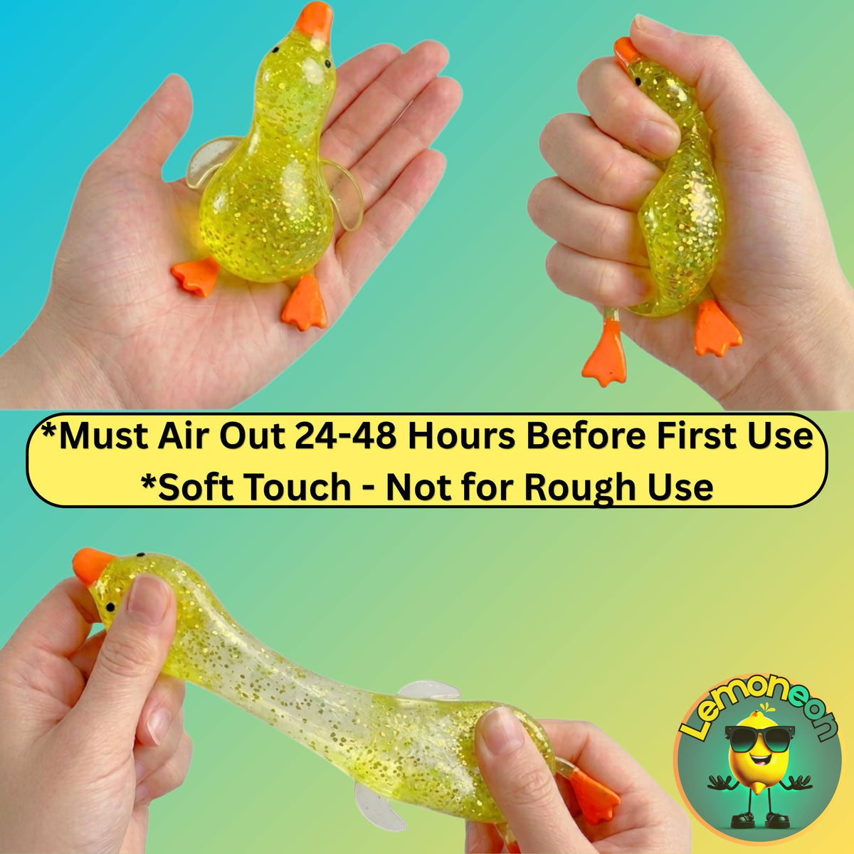 Lemoneon Glitter Duck Squishy yellow provides slow-rebound squeeze and cheer.