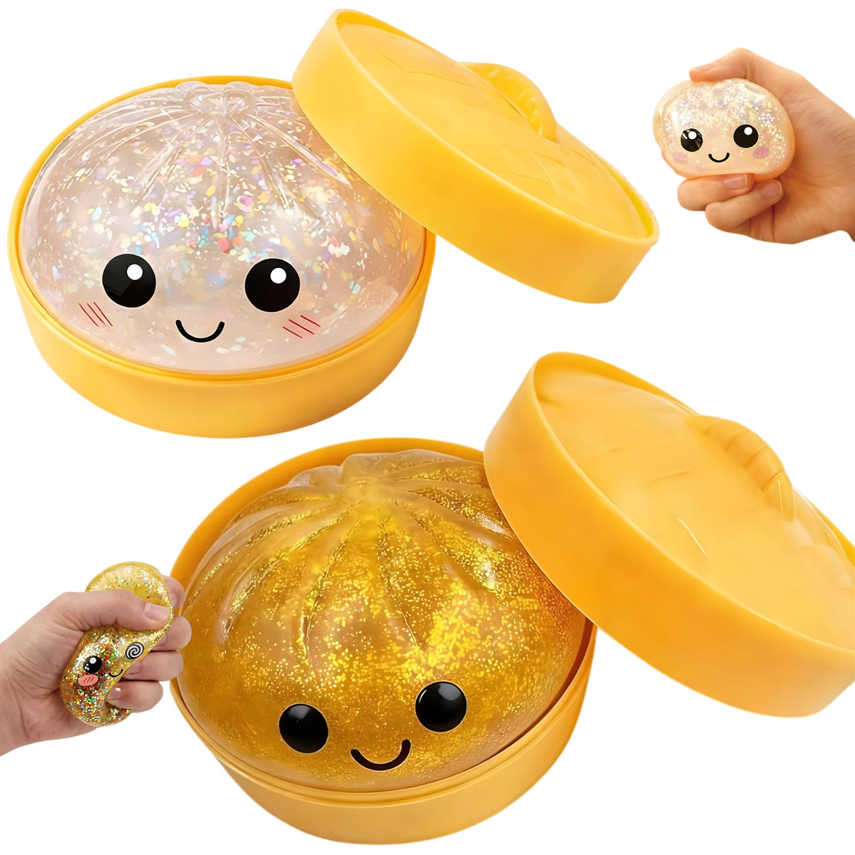 Lemoneon glitter dumpling box front display, a playful desk accessory that sparks delight.