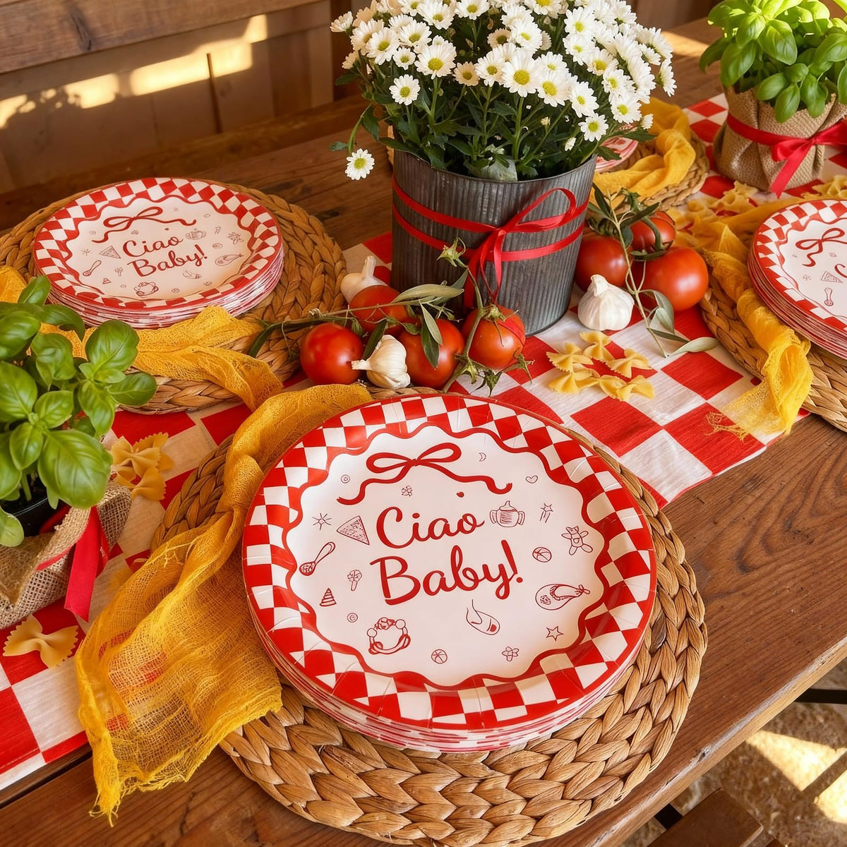 LemonRoad baby motifs with red borders complement Italian themed party tables