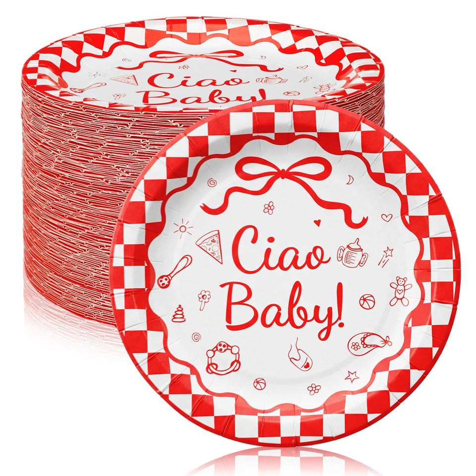 LemonRoad Ciao Baby 7-inch plates in red gingham for easy single servings at baby showers