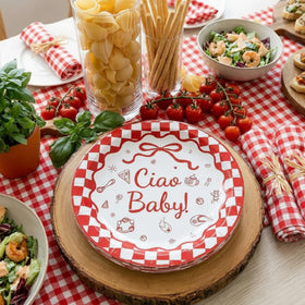 LemonRoad gingham red check plates with baby motifs ideal for Italian themed celebrations
