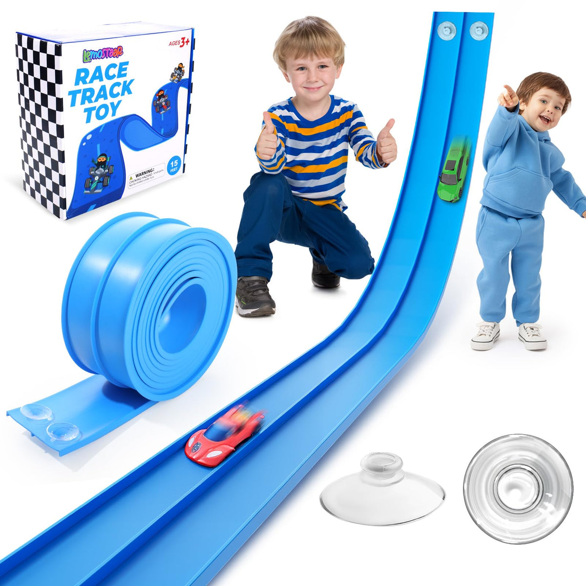 Lemostaar flexible race track laid out 15ft for quick family racing on a smooth surface.