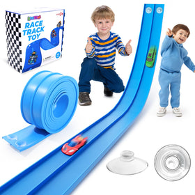Lemostaar flexible race track laid out 15ft for quick family racing on a smooth surface.
