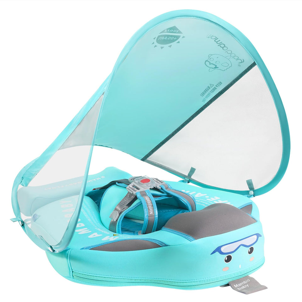 Lemrok Mambobaby non-inflatable baby float with canopy offers sun protection during pool time.