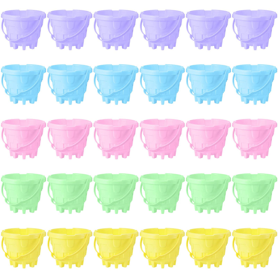Lenwen 30-piece beach sand bucket set in pastel colors for vibrant outdoor play.