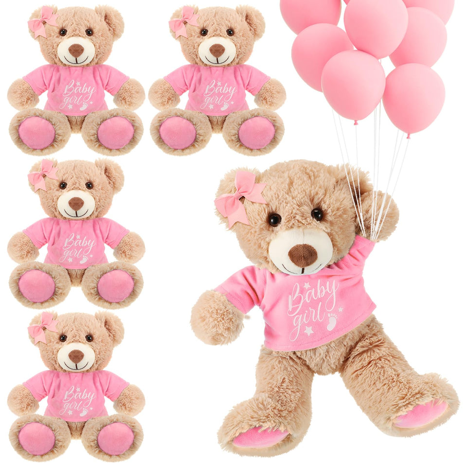 Lenwen baby shower bear with pink shirt, a cute table decoration for baby girl celebrations.