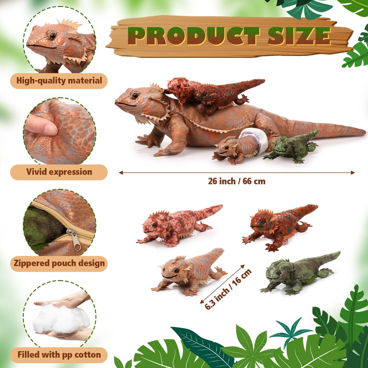 Lenwen bearded dragon plush showing four baby lizards inside the zipper belly