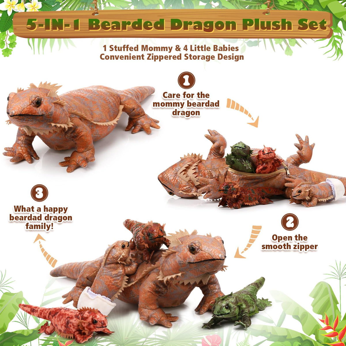 Lenwen bearded dragon plush zipper belly detail, four colorful babies ready for adventures