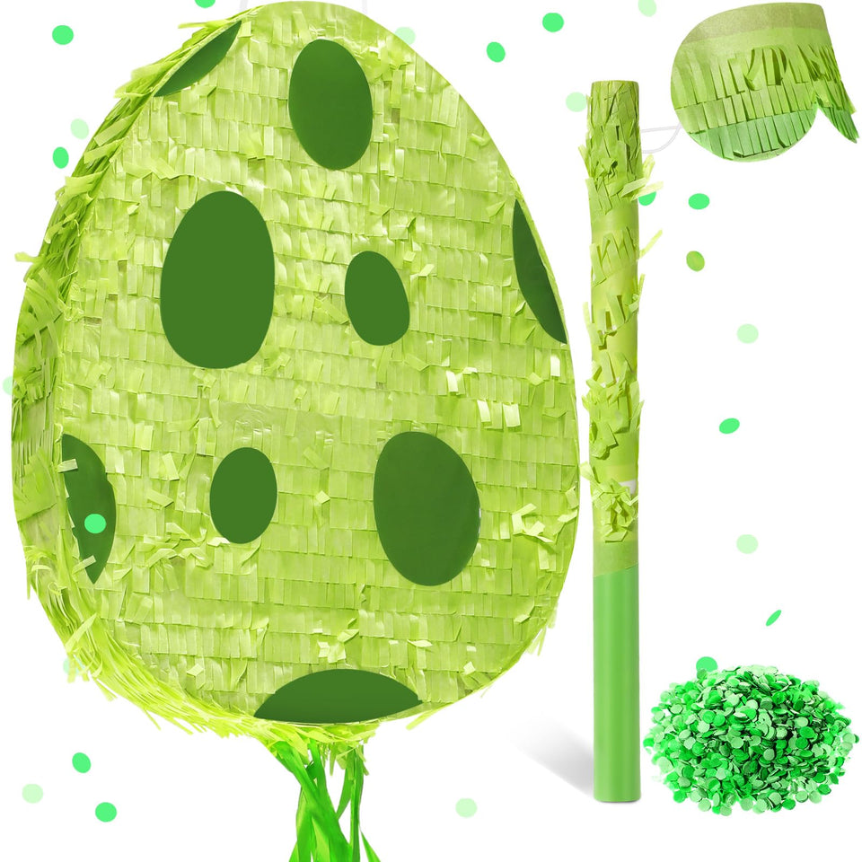 Lenwen dinosaur egg pinata closed in green, adds playful décor and keeps candy mystery for guests.