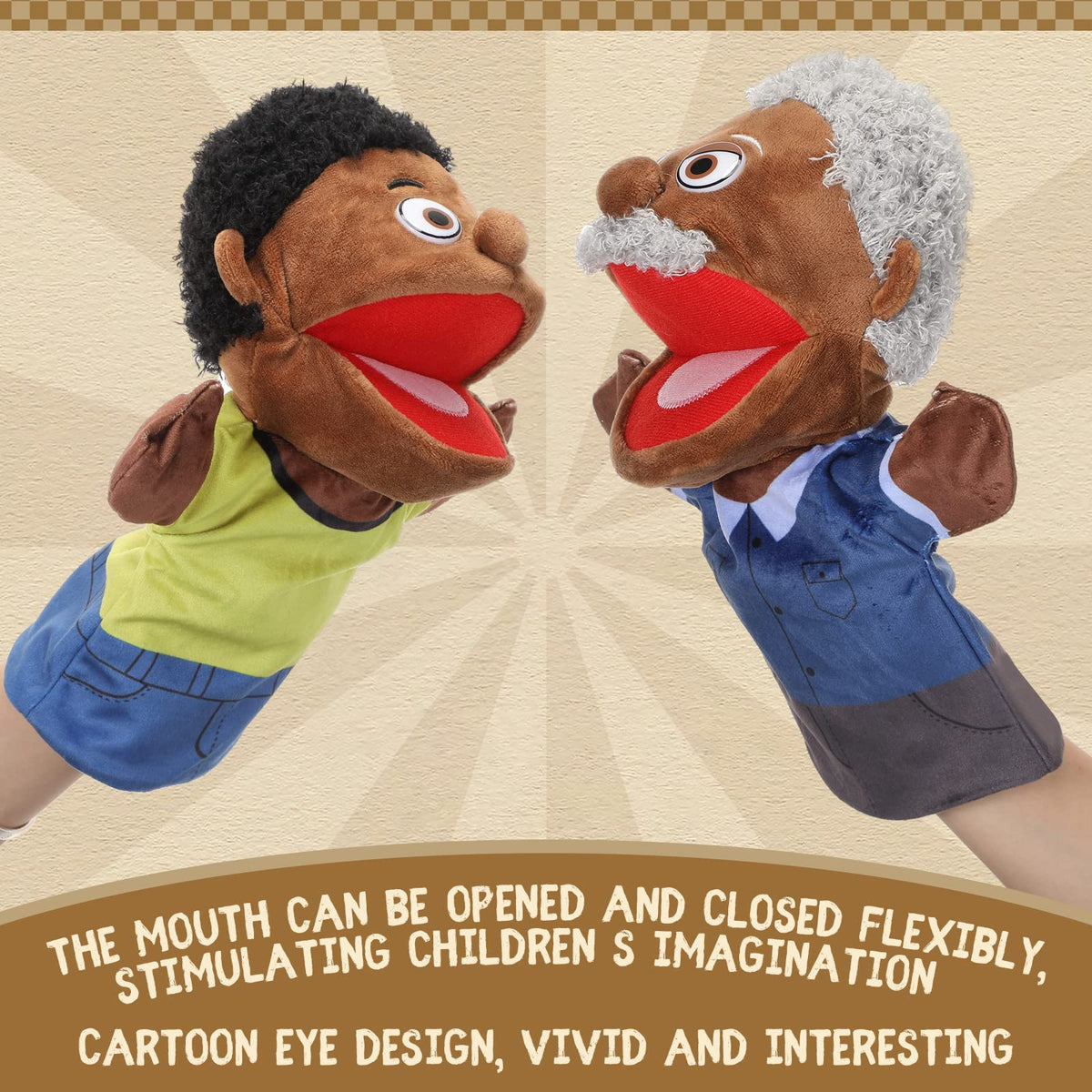 Lenwen grandma puppet ready for role play with a flexible mouth and soft fabric.