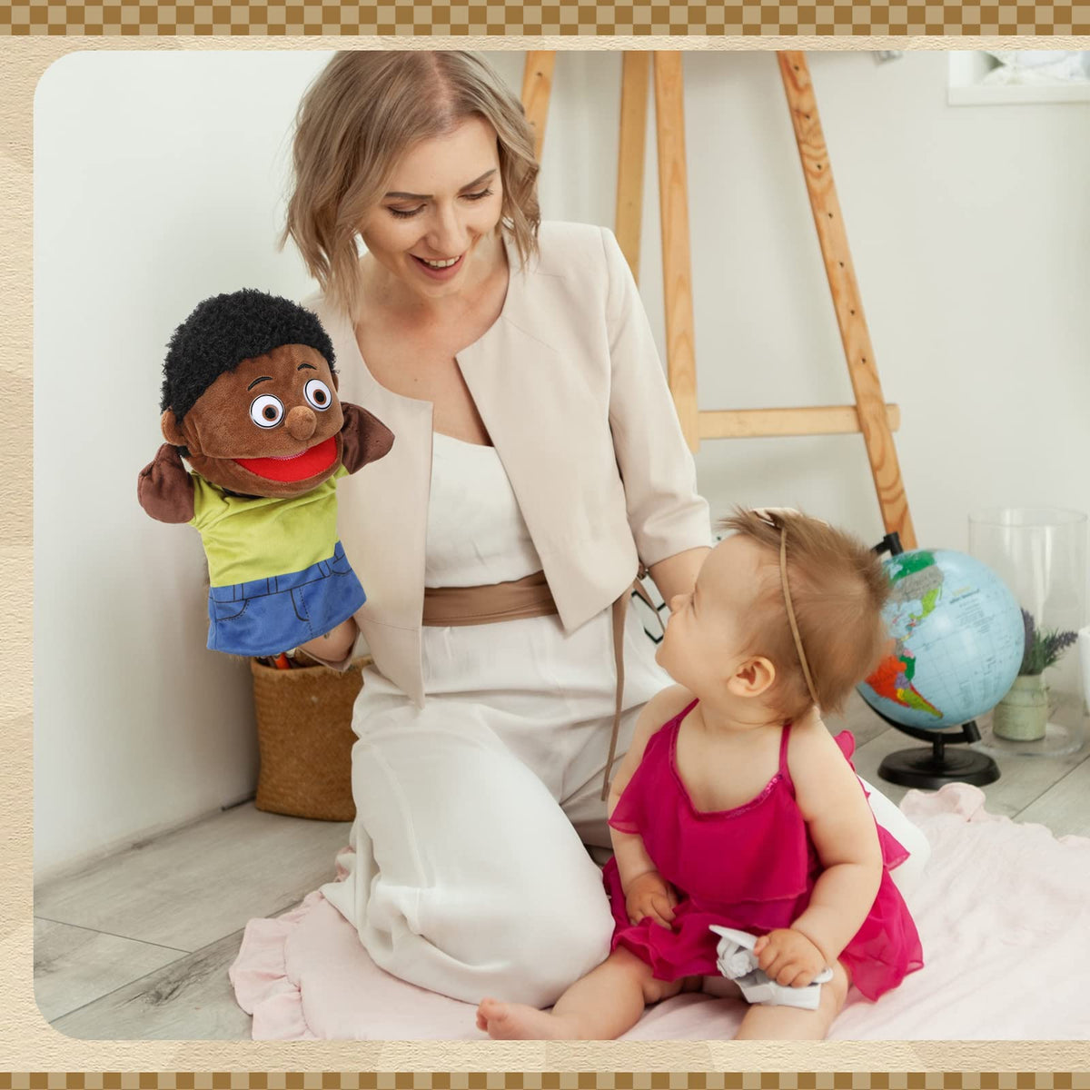 Lenwen puppet set with colorful outfits to support group storytelling and imagination.