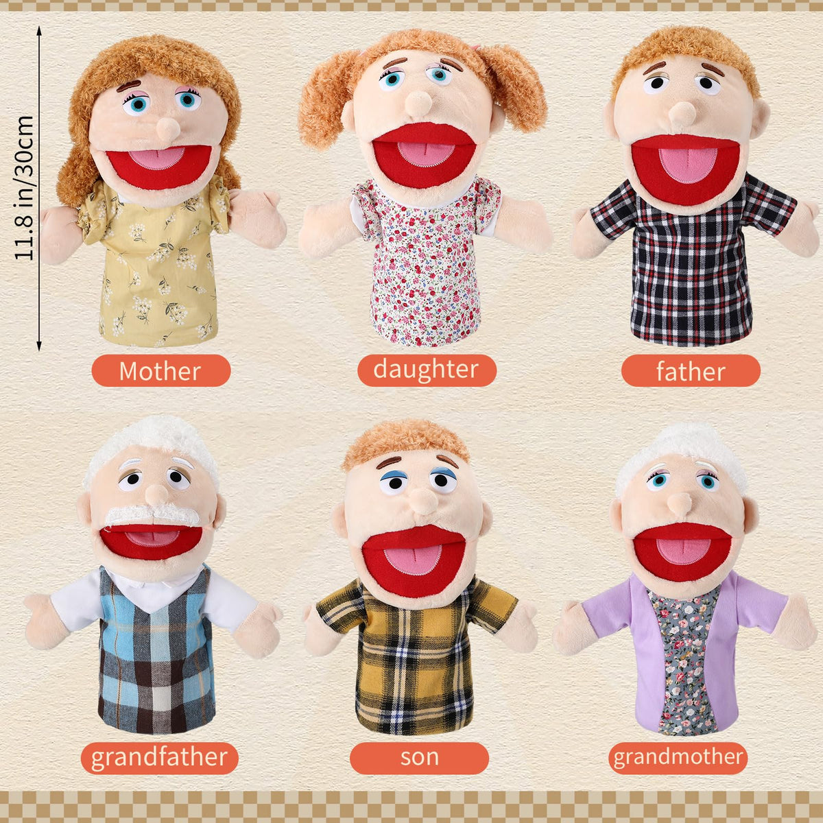 Lenwen father hand puppet with movable mouth for expressive dialogue