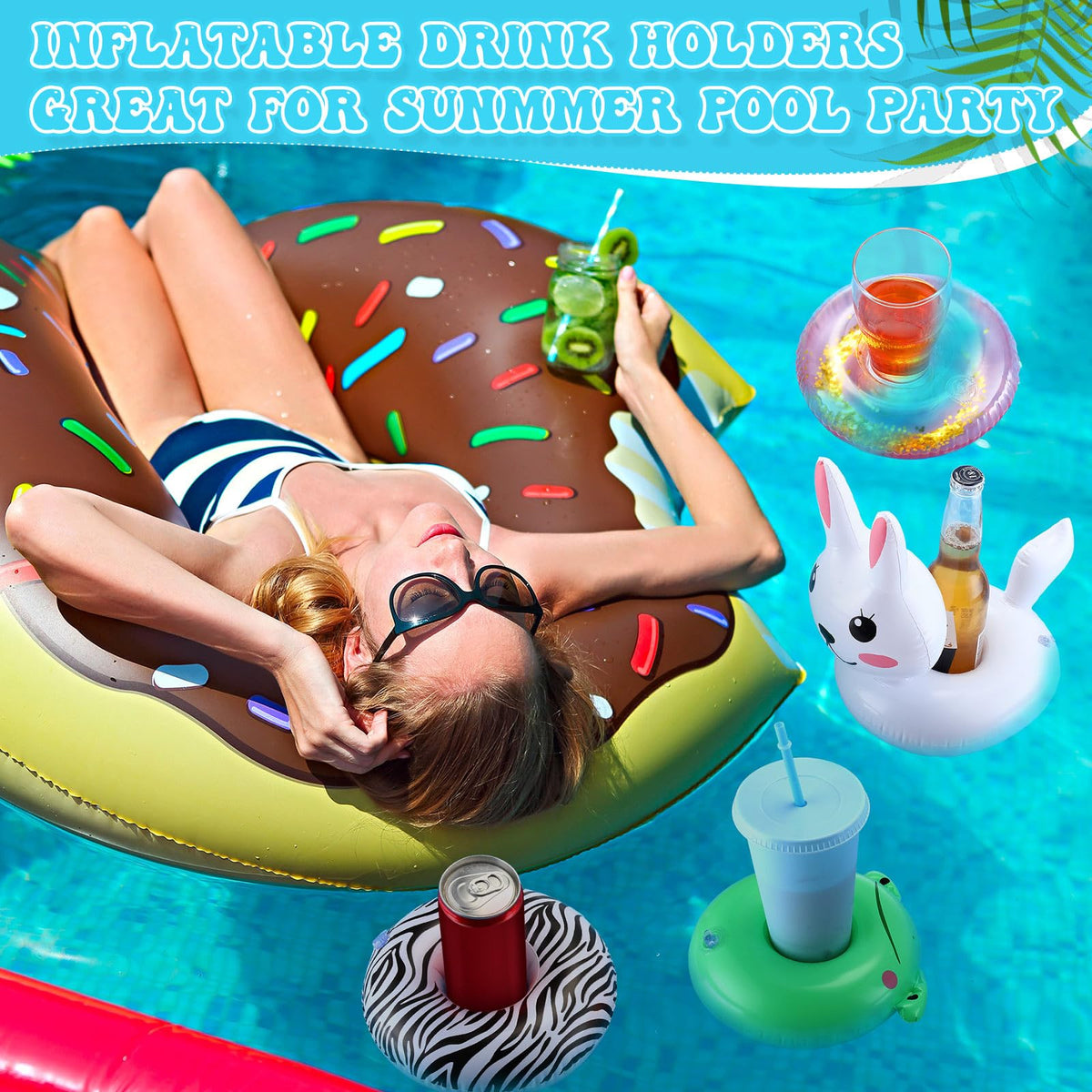 Lenwen inflatable drink holder avocado-pattern float doubles as a playful pool toy when not in use.