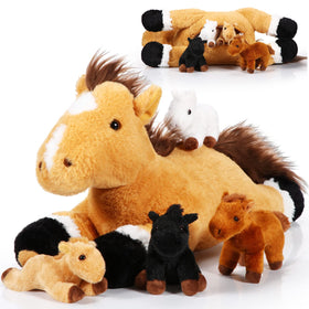 Lenwen mommy horse plush 18-inch cuddle toy with four tiny foals for imaginative play