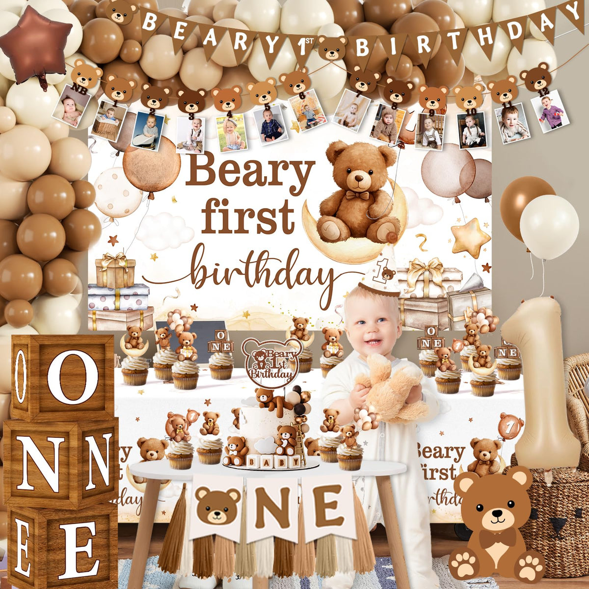 Lenyunge bear monthly photo banner highlights milestones in a cozy display.