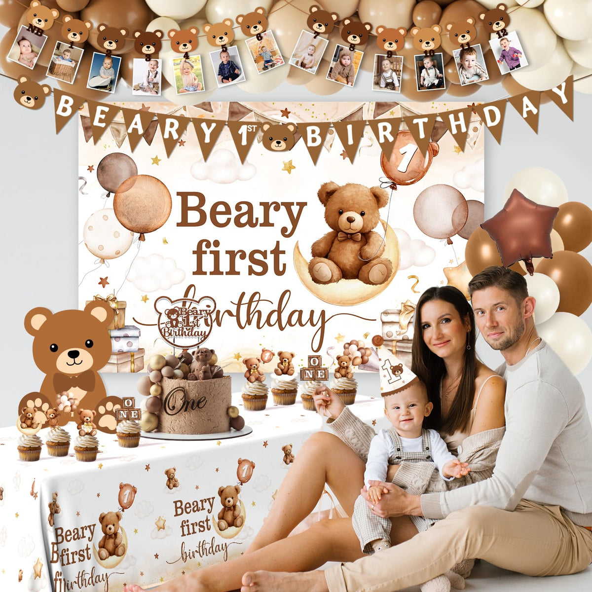 Lenyunge Beary First Birthday Backdrop 5x3ft sets a vibrant indoor scene.