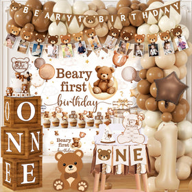 Lenyunge Beary First Birthday Banner creates a warm bear-themed photo backdrop.
