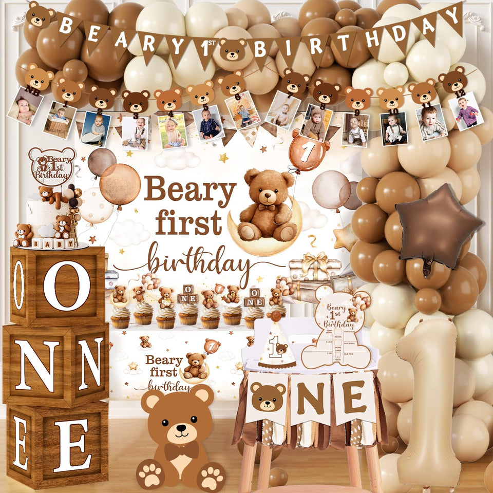 Lenyunge Beary First Birthday Banner creates a warm bear-themed photo backdrop.