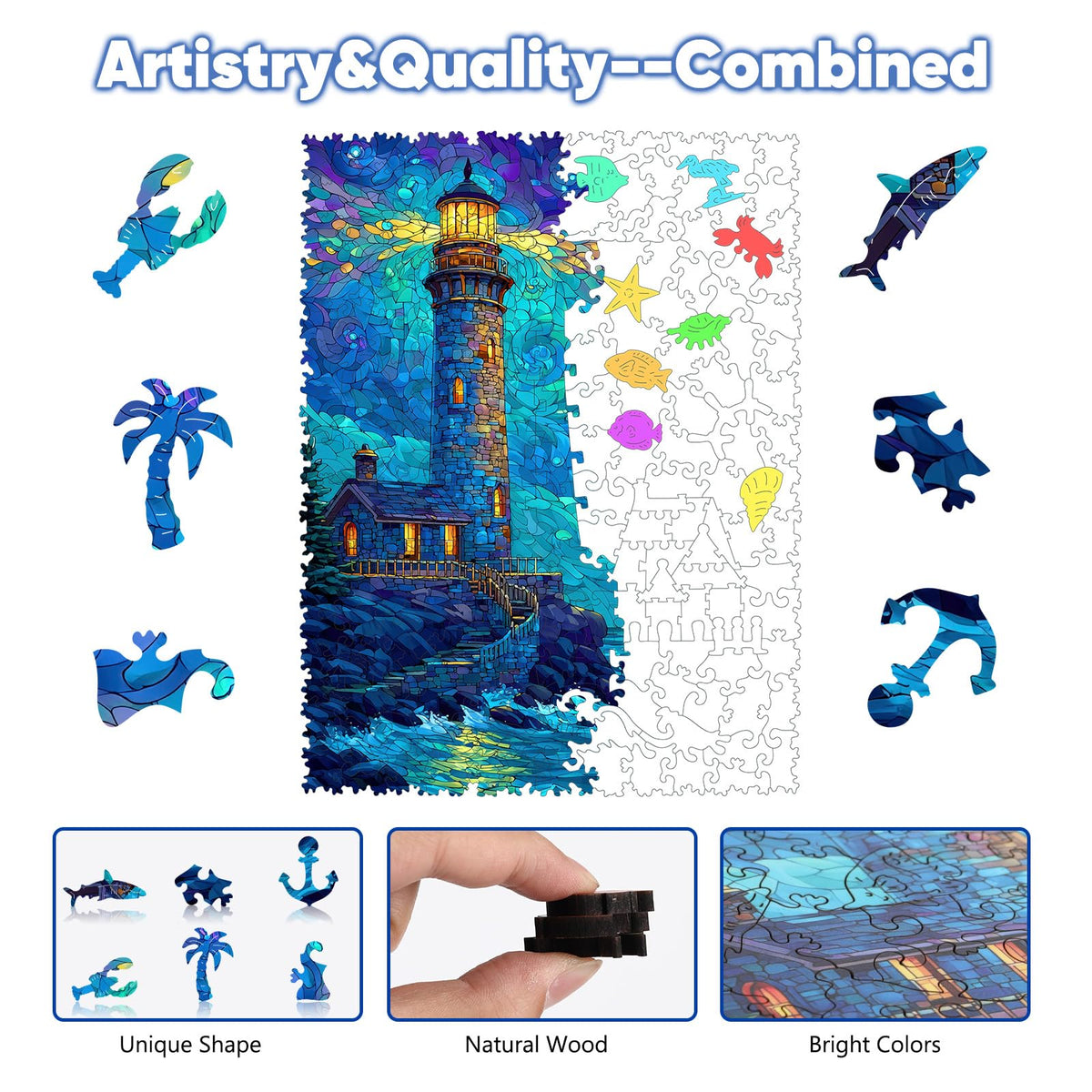 Leodozzio Lighthouse wooden puzzle close-up highlights unique shapes for engaging play