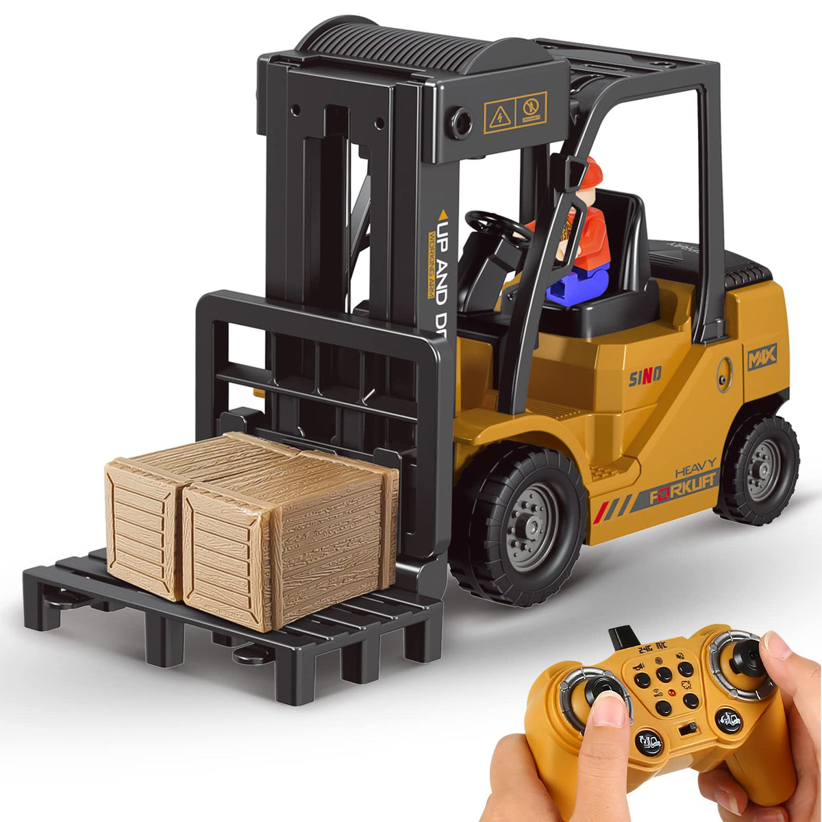 Leopmase 11-channel RC forklift front view with realistic controls for kids