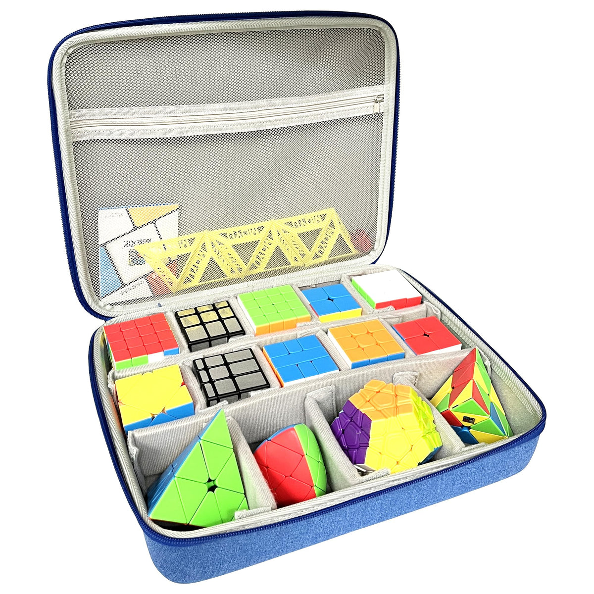 LeoTube blue speed cube case with main compartments for secure transport.