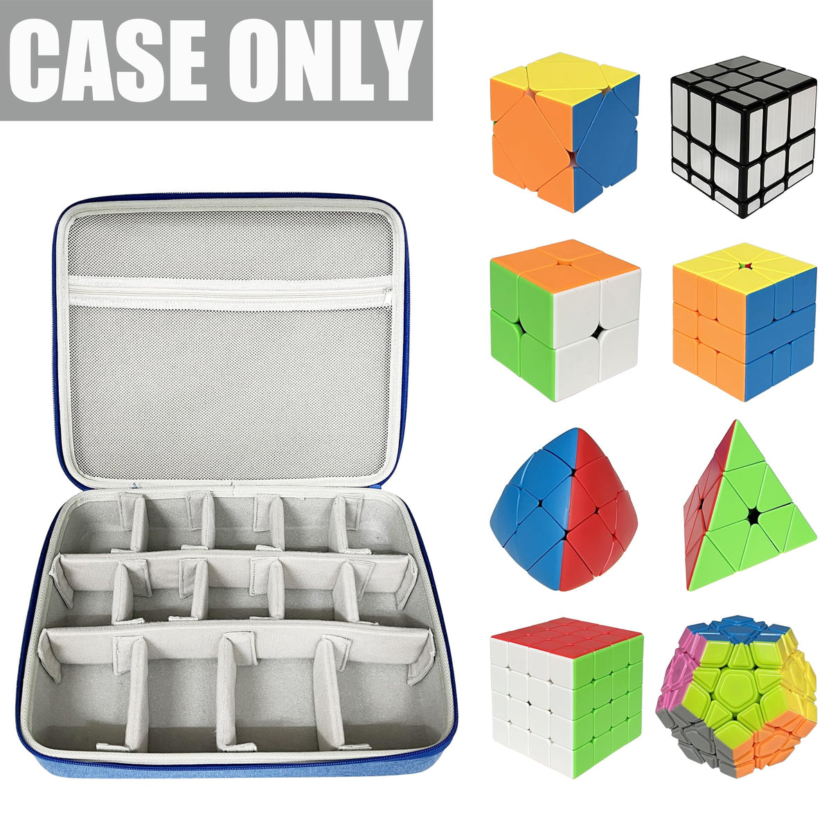 LeoTube case with Velcro dividers adjustable for different cube sizes.