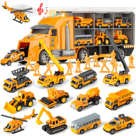 lerbao 25 in 1 die cast pull back truck set with large carrier truck for immersive play