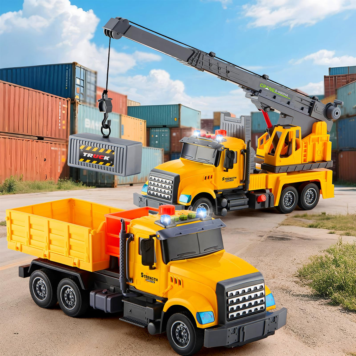 LerBao transport truck toy with sound and light for realistic loading play.