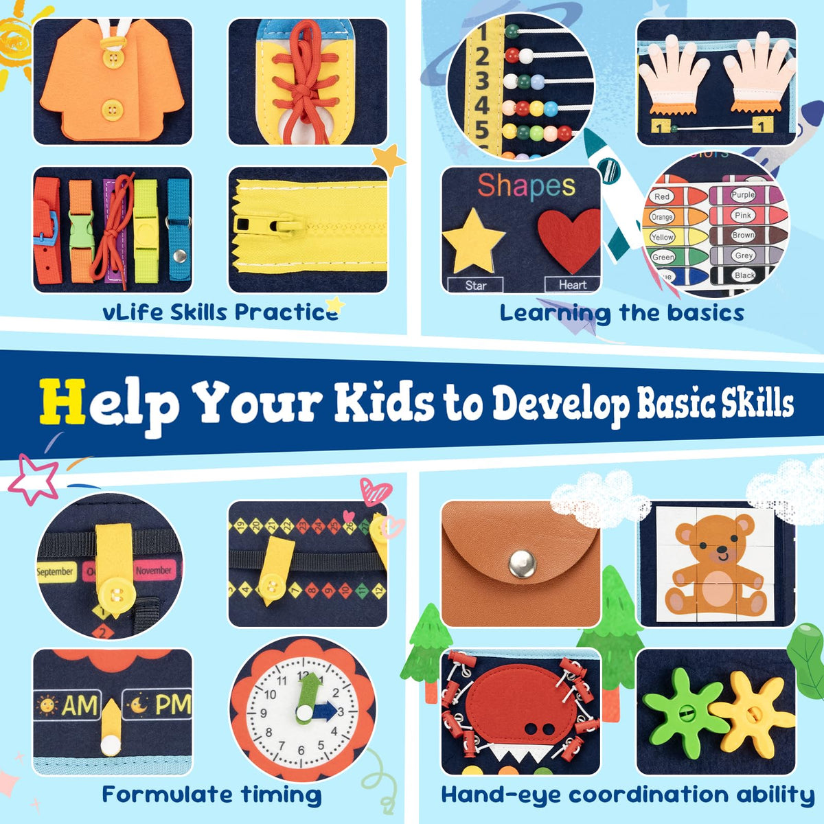 Lercaii Busy Board zippered and buttoned page supports fine motor practice during calm play.