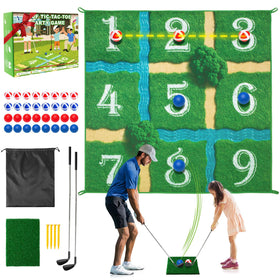 Lerine golf chipping game mat spread on lawn ready for a backyard match