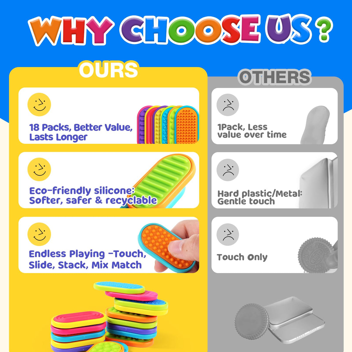 LESONG silicone sliders in six color variants inviting kids to explore textures safely.