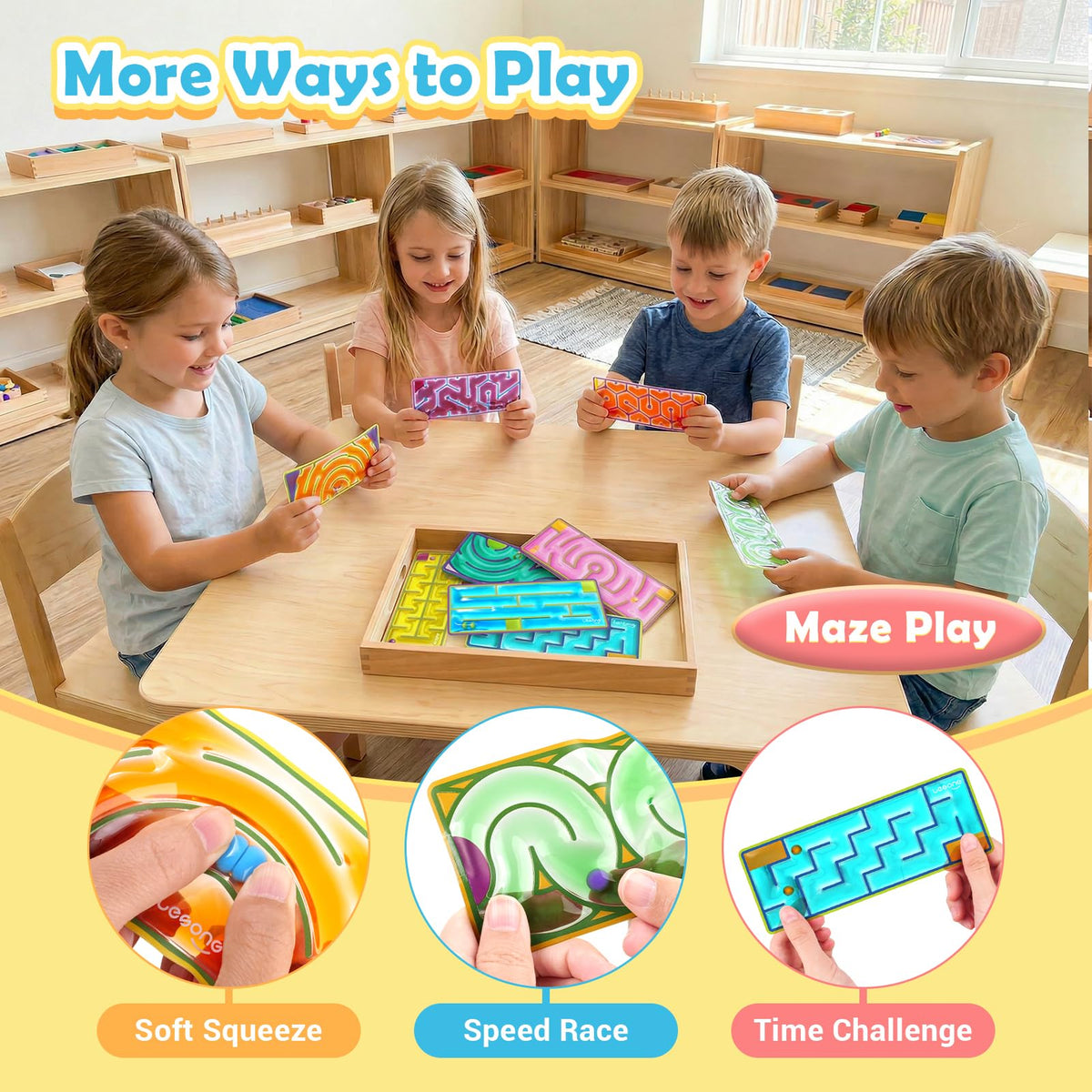 LESONG close-up of textured labyrinth and squeezable ball for tactile play.