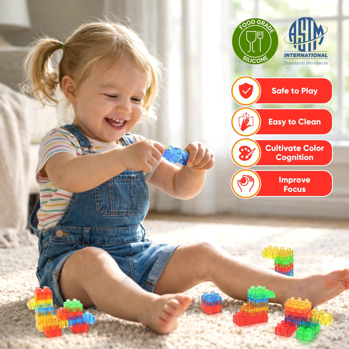 Lesong squeezable silicone blocks stacked for imaginative construction play.