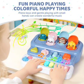 LESSETI piano keys and spinning gears illustrate fine motor development.
