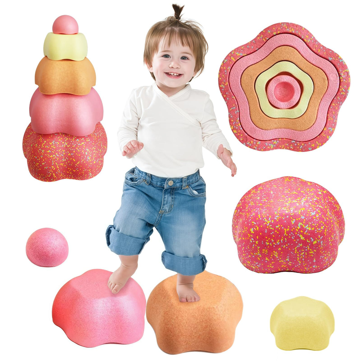 Lessseti rainbow stepping stones set for balance and imaginative play.
