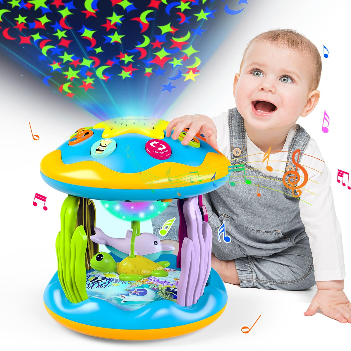 Letapapa 4-in-1 rotating projector with dolphins for engaging tummy time.