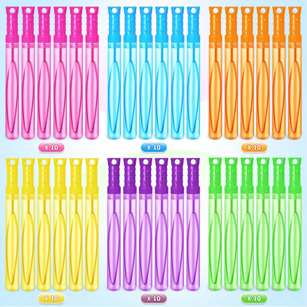 Six vibrant colors of Letapapa bubble wands for group play.
