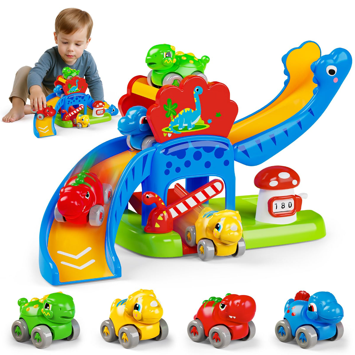 Letapapa dinosaur slide track assembled for tiny hands and interactive play.