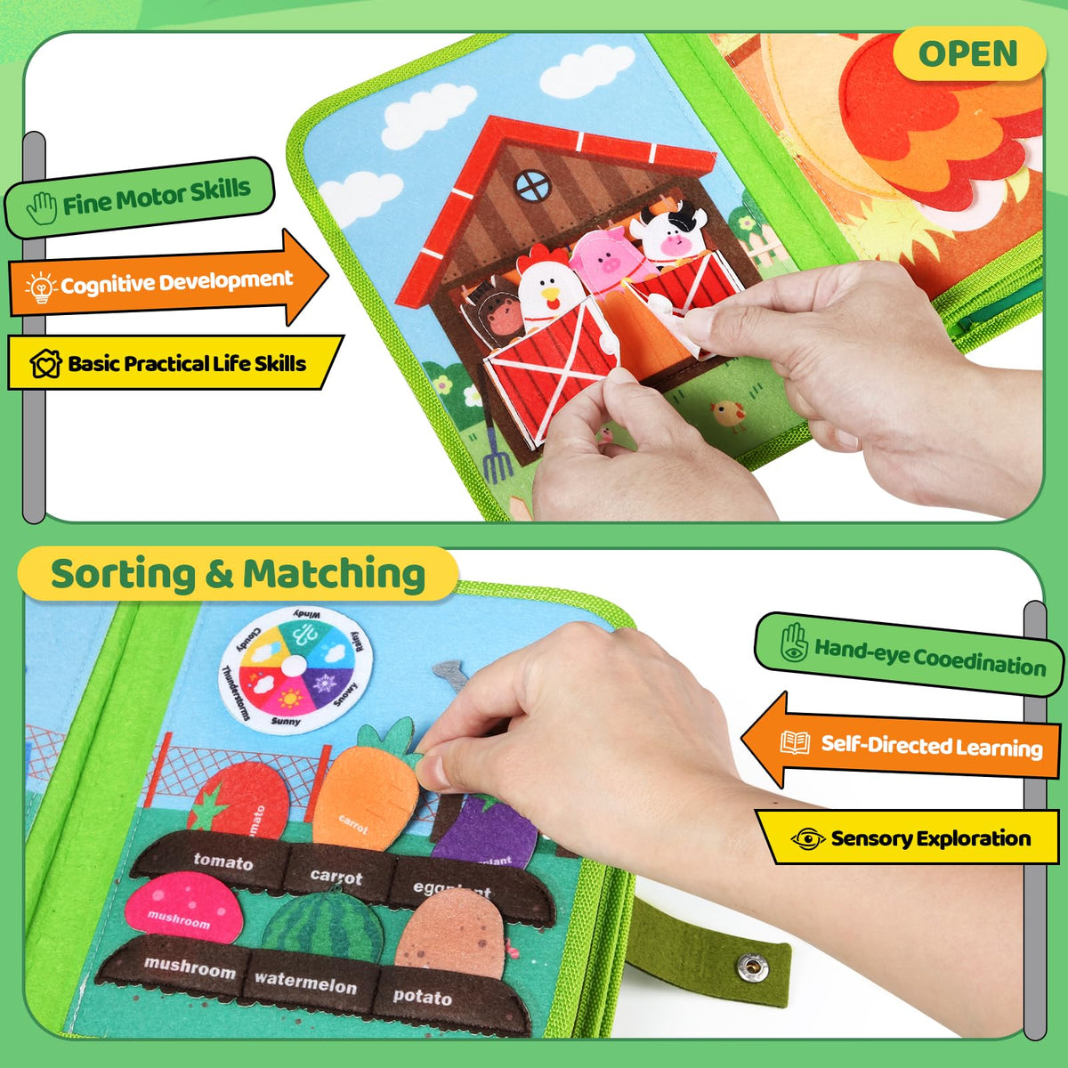 Letapapa Farm Busy Book animal puppets page boosts fine motor skills.