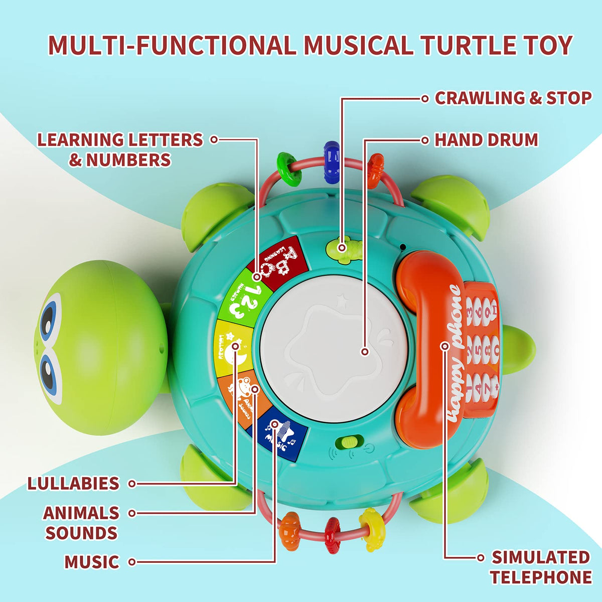 Letapapa turtle toy lights and music buttons promote sensory exploration and early hearing awareness
