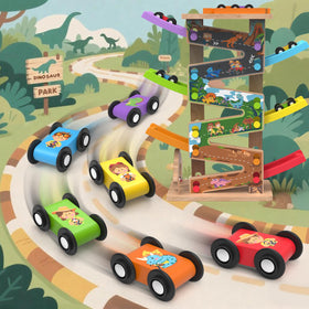 Letoiz dino park race cars gliding along six bright ramps