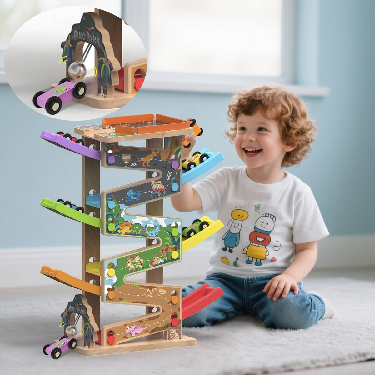 Letoiz mini safari cars racing down the dino-themed launch ramp