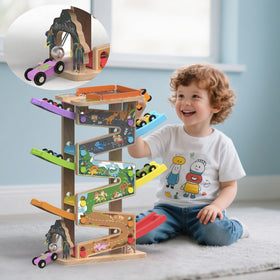 Letoiz mini safari cars racing down the dino-themed launch ramp