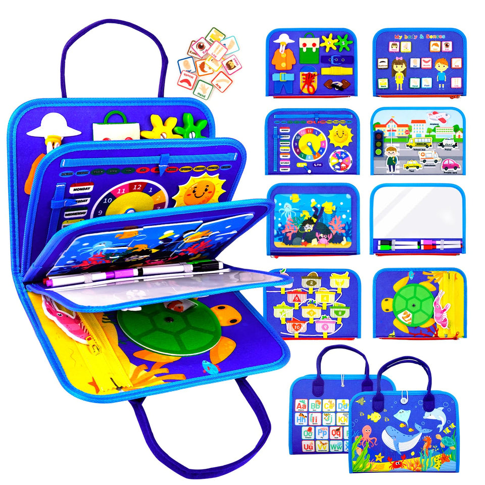 Letoya Ocean Busy Board shows dressing and buttoning to boost fine motor skills.
